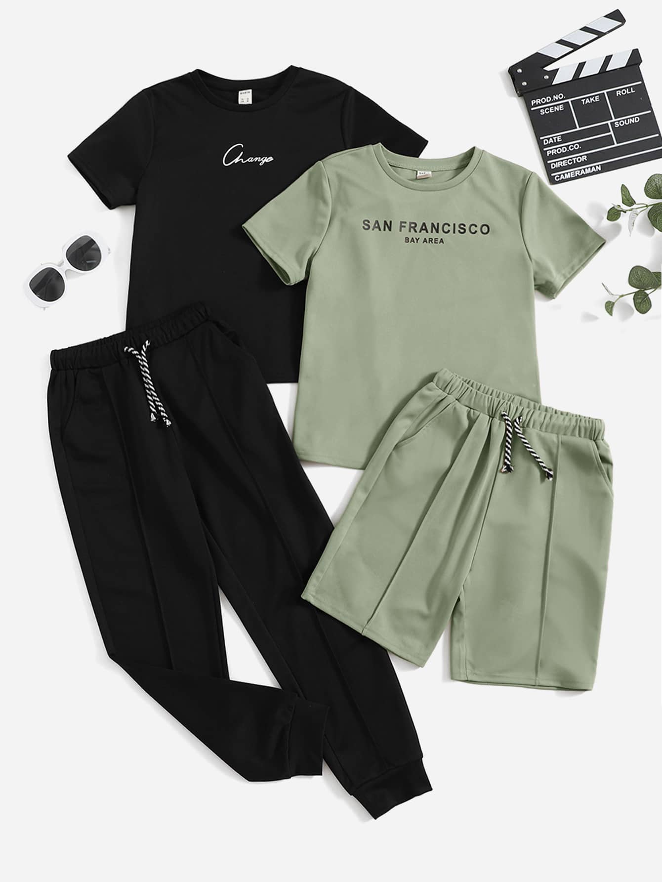 SHEIN Cậu bé Tween Đồ họa Chữ cái 2 Áo & 1 Quần short & 1 Quần thể thao - Nhiều màu - Xem 1
