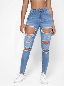 SHEIN Essnce Ripped Raw Trim Skinny Jeans Ripped Jeans - Light Wash - View 1