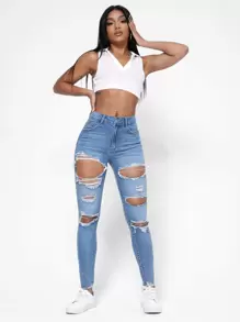 SHEIN Essnce Ripped Raw Trim Skinny Jeans Ripped Jeans - Light Wash - View 3