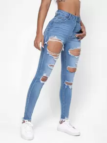 SHEIN Essnce Ripped Raw Trim Skinny Jeans Ripped Jeans - Light Wash - View 4