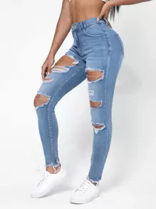 SHEIN Essnce Ripped Raw Trim Skinny Jeans Ripped Jeans - Light Wash - View 5