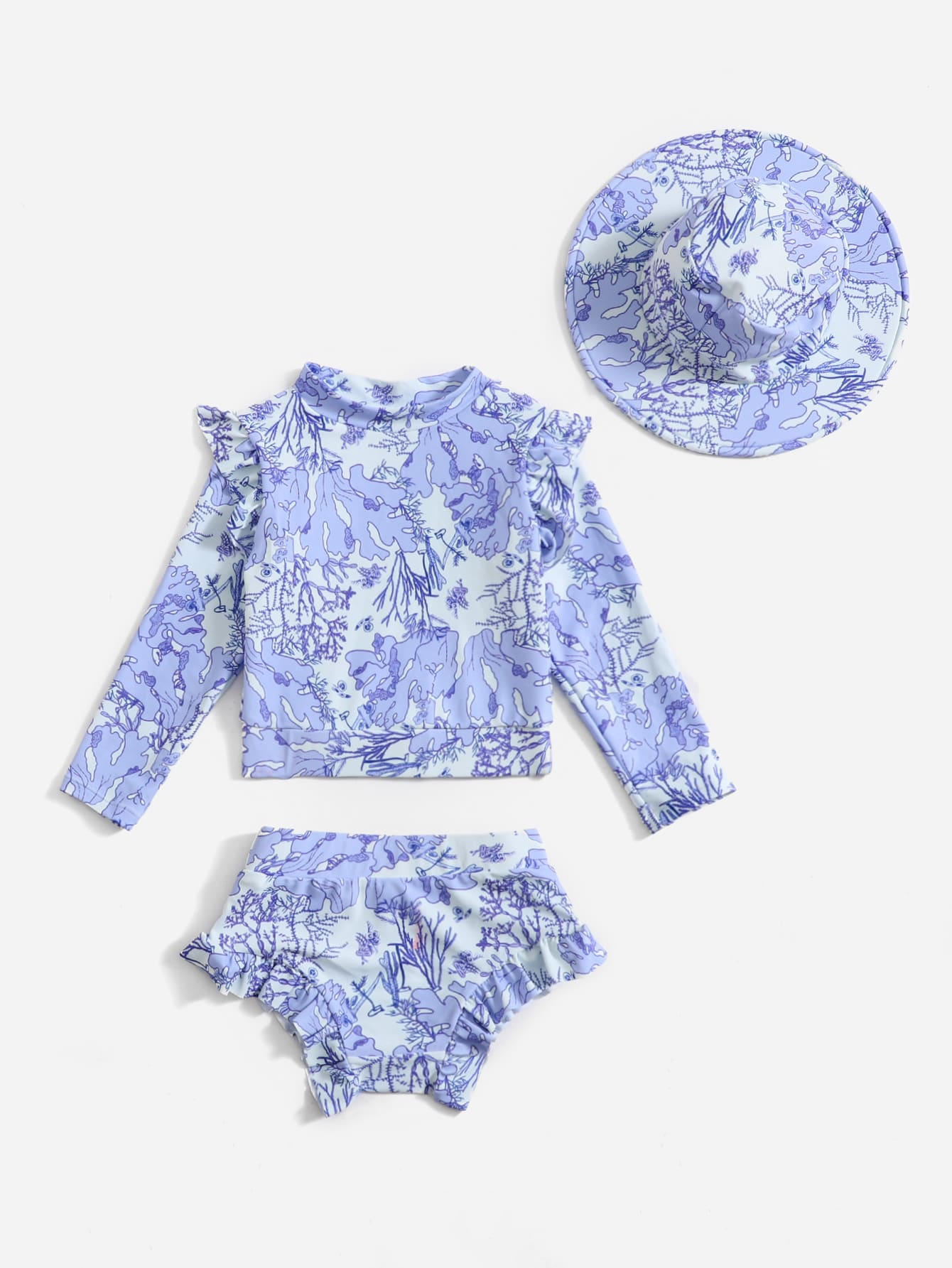 Cô gái trẻ in hoa Ruffle Trim Rashguard & Hat Bãi biển mùa hè - Màu Lilac Tím - Xem 1