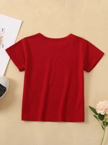 SHEIN Cô Gái Trẻ Hoạt hình Mèo & Khẩu hiệu Áo thun - Màu Đỏ Sâu - Xem 2