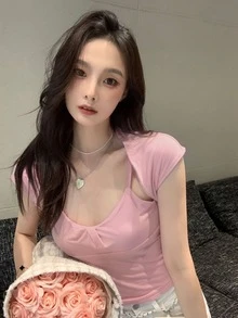 素色假两件短款T恤 - 淺粉色 - 查看 3