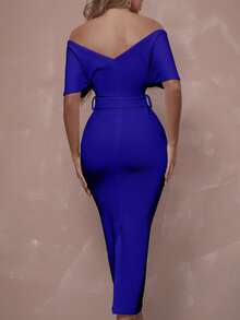 Surplice Neck Off Shoulder Backless Front Buckle Belted Cocktail Party Dress - Blue - View 2
