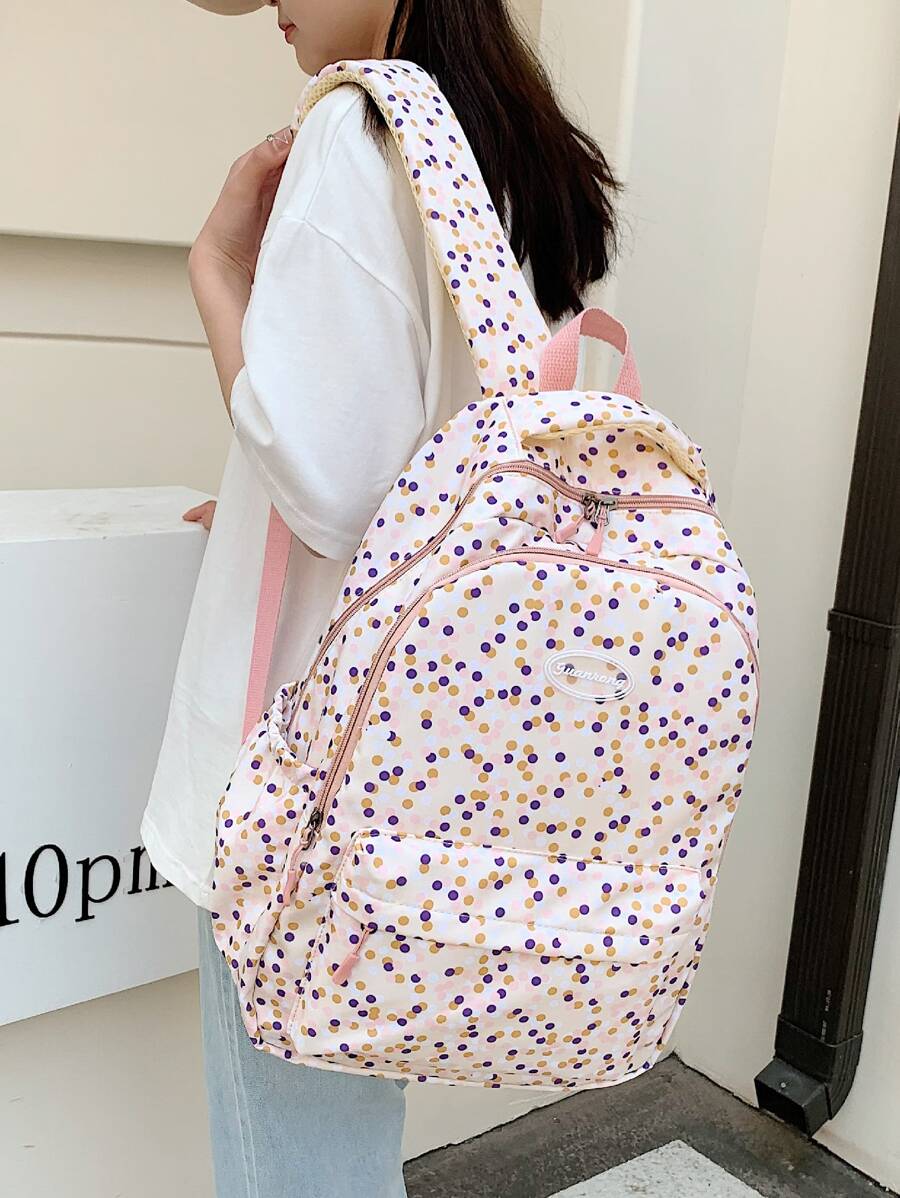Polka Dot Letter Patch Decor Functional Backpack - Pink - View 1