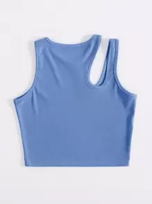 INAWLY Solid Cut Out Shoulder Ribbed Knit Tank Top For Summer - Blue - View 2