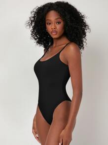 SHEIN BASICS Solid Scoop Neck Bodysuit - Black - View 4