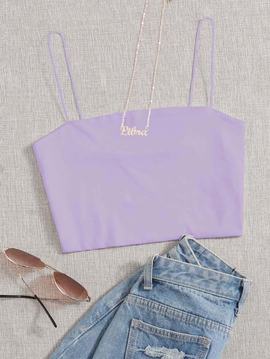 SHEIN Unity Solid Slim Cami Crop Top - Lilac Purple - View 1