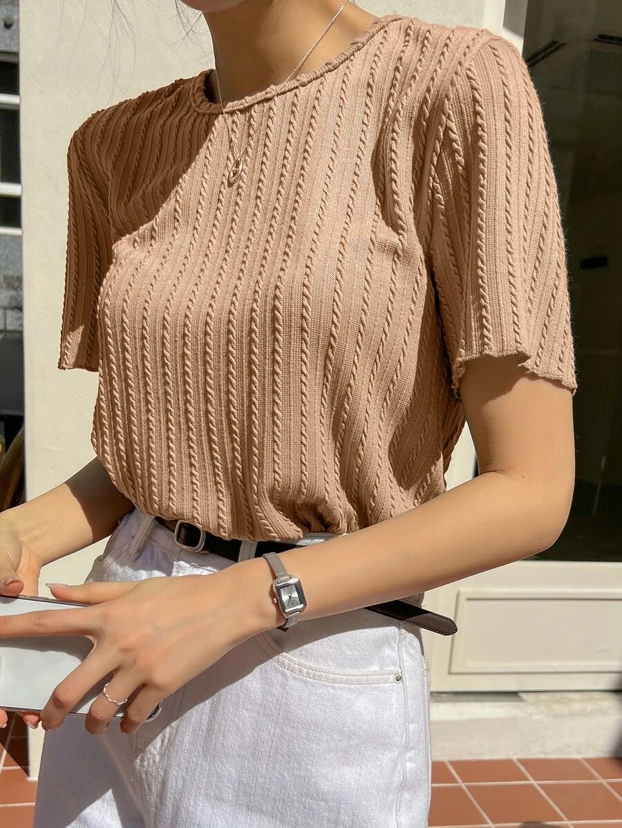 DAZY Lettuce Trim Textured Solid Tee - Khaki - View 1
