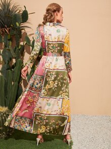 SHEIN Clasi Vestido-camisa Patchwork Con Cinturón, Estampado Y Bajo Dividido