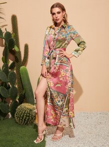 SHEIN Clasi Vestido-camisa Patchwork Con Cinturón, Estampado Y Bajo Dividido