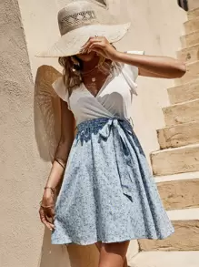 SHEIN Unity Ditsy Floral Tie Back Contrast Lace Flutter Sleeve Belted Dress - Blue and White - View 6