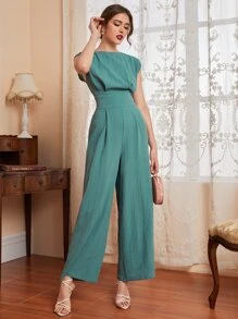 Seusyu 拼接細節蝙蝠袖闊腿連體褲