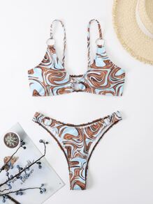 Summer Beach Random Allover Print Ring Linked Cheeky Bikini - Multicolor - View 5