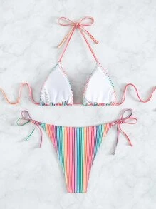 彩虹條紋露背三角吊帶泳裝 - 彩色 - 查看 2