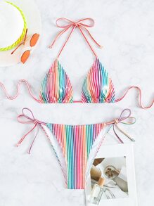 彩虹條紋露背三角吊帶泳裝 - 彩色 - 查看 3
