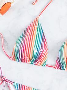 彩虹條紋露背三角吊帶泳裝 - 彩色 - 查看 4