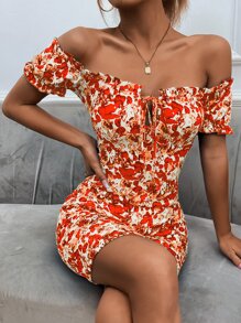 SHEIN Privé 印花一字肩褶邊前打結緊身連衣裙 - 彩色 - 查看 1
