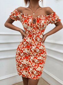 SHEIN Privé 印花一字肩褶邊前打結緊身連衣裙 - 彩色 - 查看 5
