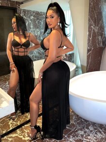SHEIN SXY Cut Out M-slit Hem Mesh Maxi Cami Dress