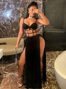 SHEIN SXY Cut Out M-slit Hem Mesh Maxi Cami Dress