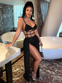 SHEIN SXY Cut Out M-slit Hem Mesh Maxi Cami Dress