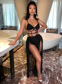 SHEIN SXY Cut Out M-slit Hem Mesh Maxi Cami Dress