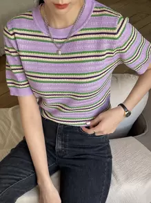 DAZY 塊狀條紋圖案針織上衣 - 彩色 - 查看 7