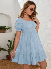 SHEIN Vestido de lactancia con diseño suizo, corte en línea A y ribete de volantes en el dobladillo - Celeste - Ver 1