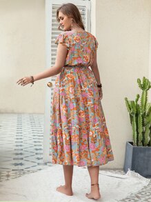 大碼印花蝴蝶袖荷葉邊洋裝不附腰帶 - 彩色 - 查看 2