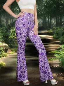 Muchica Floral Print Flare Leg Trousers - Purple - View 3