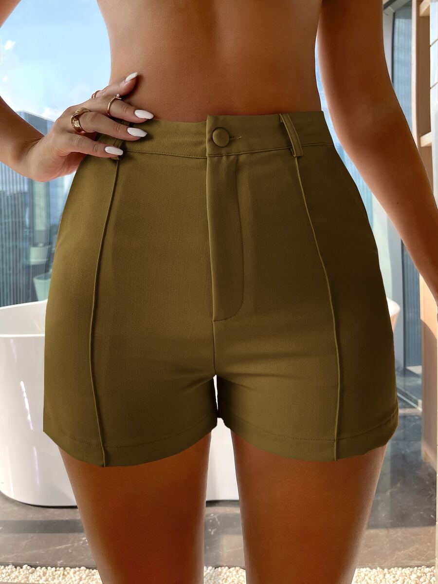 SHEIN SXY 高腰拼接滾邊直筒短褲 - 橄欖綠 - 查看 1