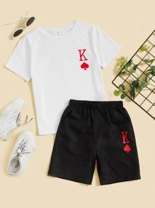 SHEIN Boys Playing Card & Letter Graphic Tee & Shorts - Black and White - View 1