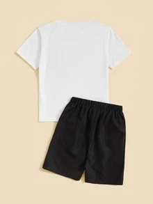 SHEIN Boys Playing Card & Letter Graphic Tee & Shorts - Black and White - View 2
