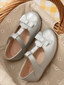 Girls Bow Decor Mary Jane Flats - Silver - View 3