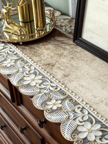 1pc Coffee Color Table Runner, European Luxury Polyester Velvet Fabric With Embroidered Leaf Pattern, Lace Hollow Edge, Suitable For Living Room, Bedroom, Dining Table, TV Cabinet, Sideboard, Chest Of Drawers - Multicolor - View 4
