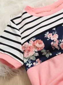 SHEIN 少女条纹和花卉印花 T 恤 儿童花卉上衣 儿童花卉上衣 女童可爱上衣 女童可爱上衣 女童儿童上衣 - 彩色 - 查看 4