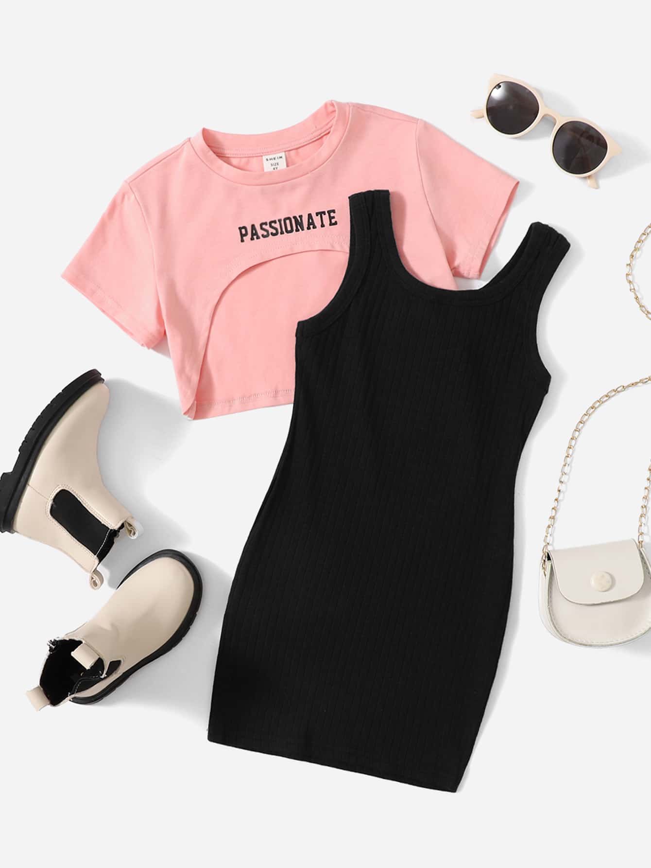 SHEIN Toddler Girls Rib-knit Tank Dress & Letter Graphic Super Crop Top - Multicolor - View 1