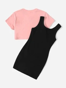 SHEIN Toddler Girls Rib-knit Tank Dress & Letter Graphic Super Crop Top - Multicolor - View 2