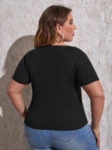 SHEIN Plus Rhinestone Chain Strap Cut Out Knit Top - Black - View 2