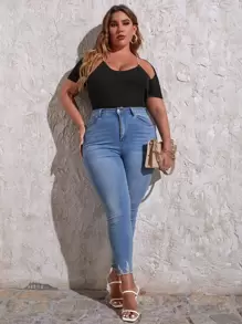 SHEIN Plus Rhinestone Chain Strap Cut Out Knit Top - Black - View 3