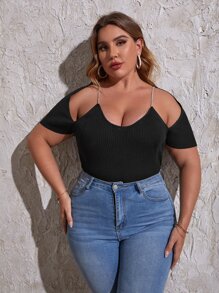 SHEIN Plus Rhinestone Chain Strap Cut Out Knit Top - Black - View 5