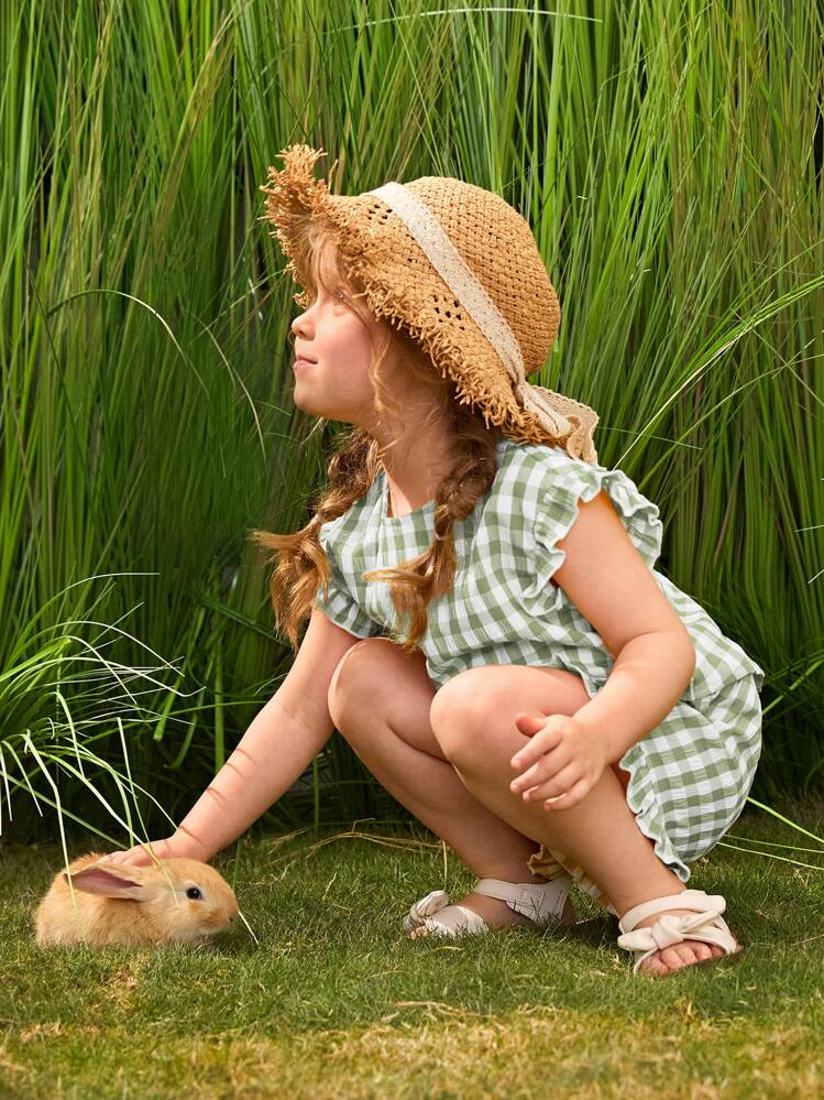 SHEIN Set de 2 piezas de top casual sin mangas con cuello con volantes a cuadros y shorts para niña - Multicolor - Añade 4