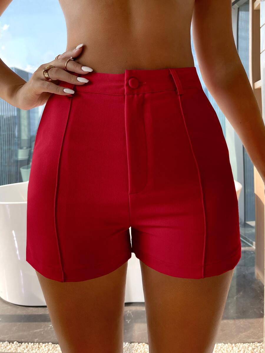SHEIN SXY 高腰緊身短褲 - 酒紅色 - 查看 1