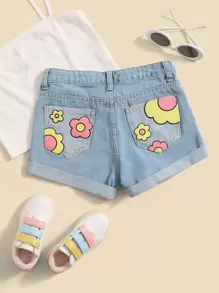 SHEIN 少女高腰花卉印花卷邊牛仔短褲