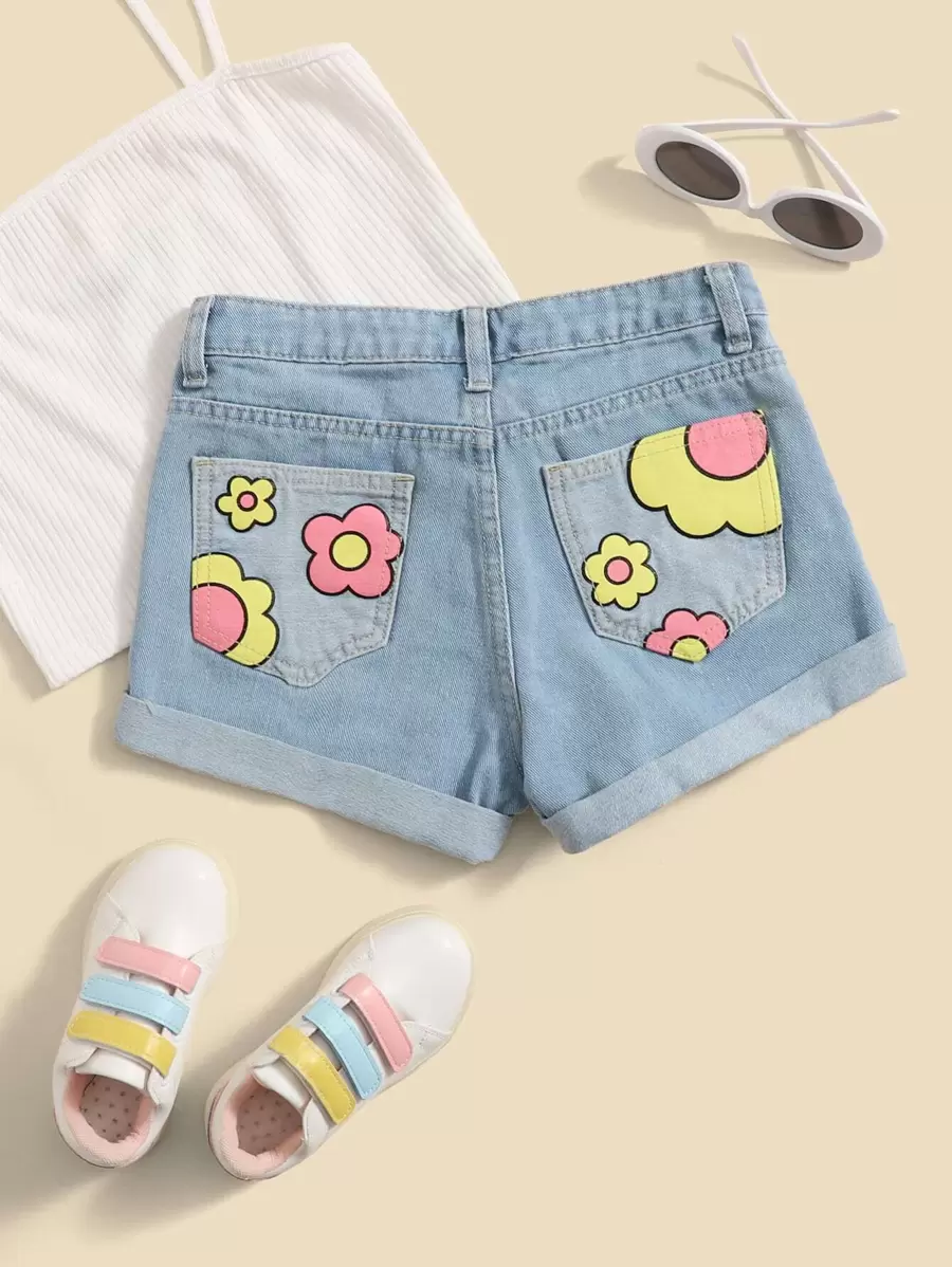 SHEIN 少女高腰花卉印花卷邊牛仔短褲