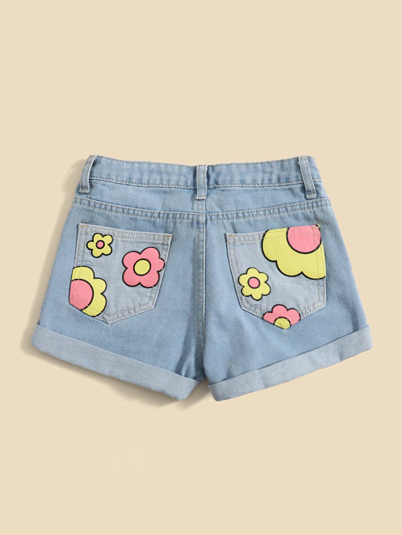 Tween Girl High Waist Floral Print Roll Up Hem Denim Shorts