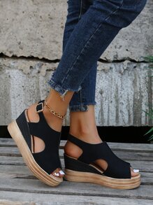 Buckle Detail Slingback Wedge Sandals - Black - View 1