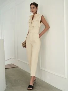 Sollinarry 翻蓋口袋蝙蝠袖拼接細節襯衫連體褲